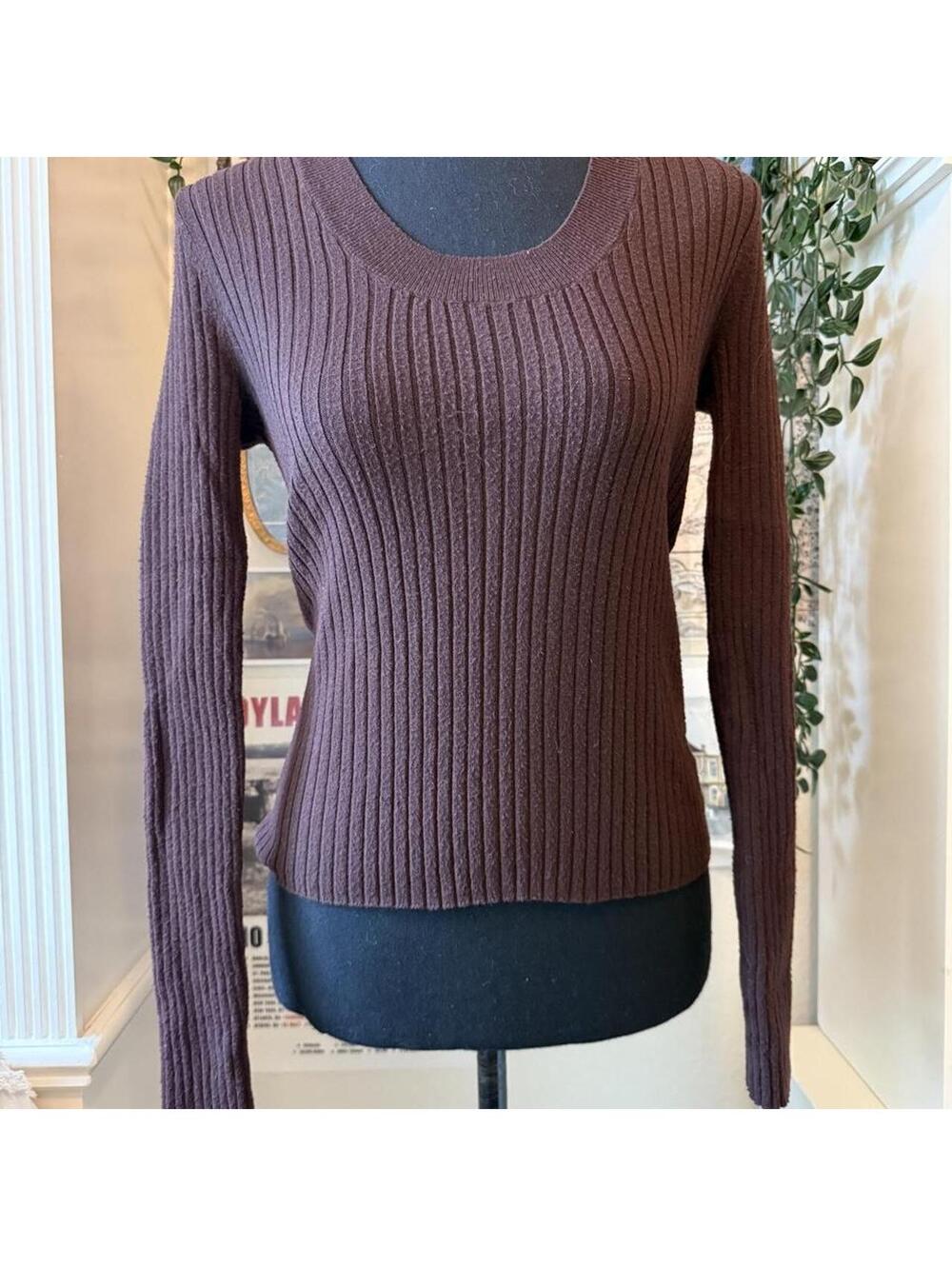 A New Day Chocolate Brown Ribbed Scoop Neck Fitted Sweater